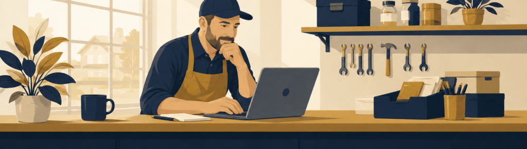 Illustration of a small business owner working on a laptop at a workshop bench