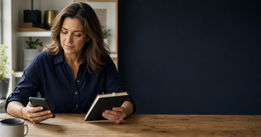 Business owner thoughtfully reviewing her phone and notes