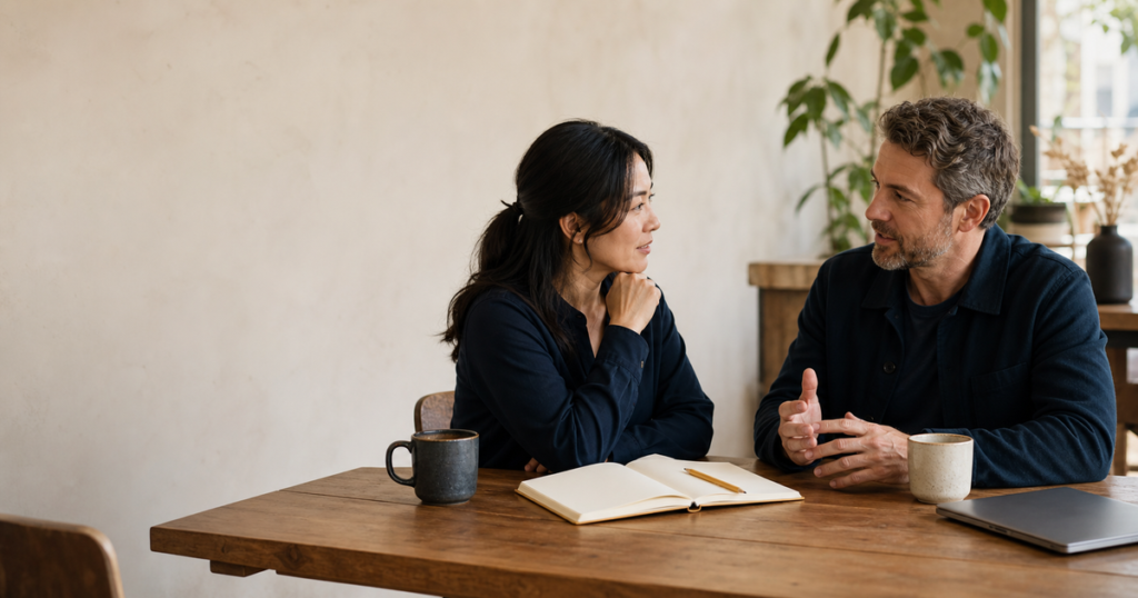 Two people having a calm consulting conversation at a table