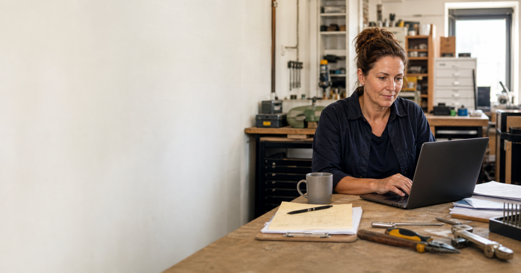 A small-business owner doing paperwork on a laptop at their workshop bench, tools on the table